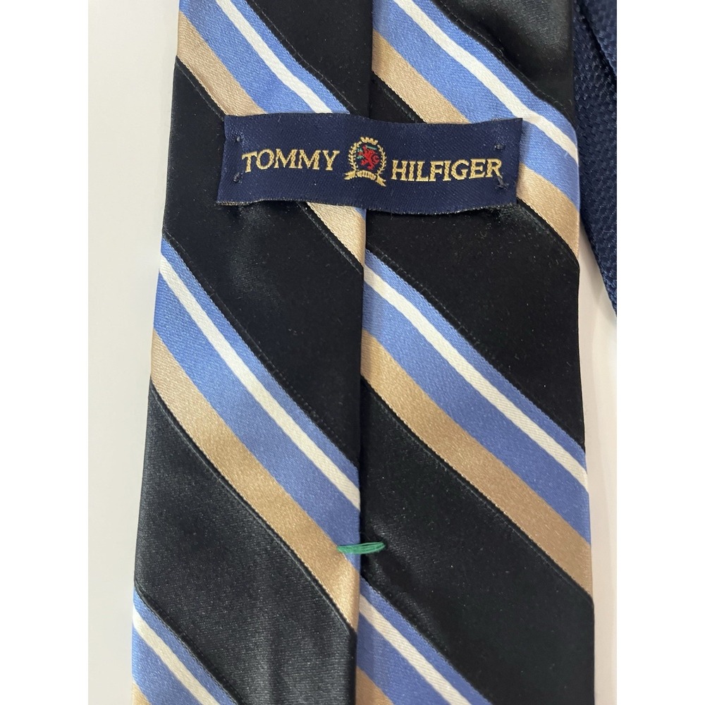 Tommy Hilfiger Necktie Mens OS Blue Tan Striped Silk Blend Formal Business Tie
